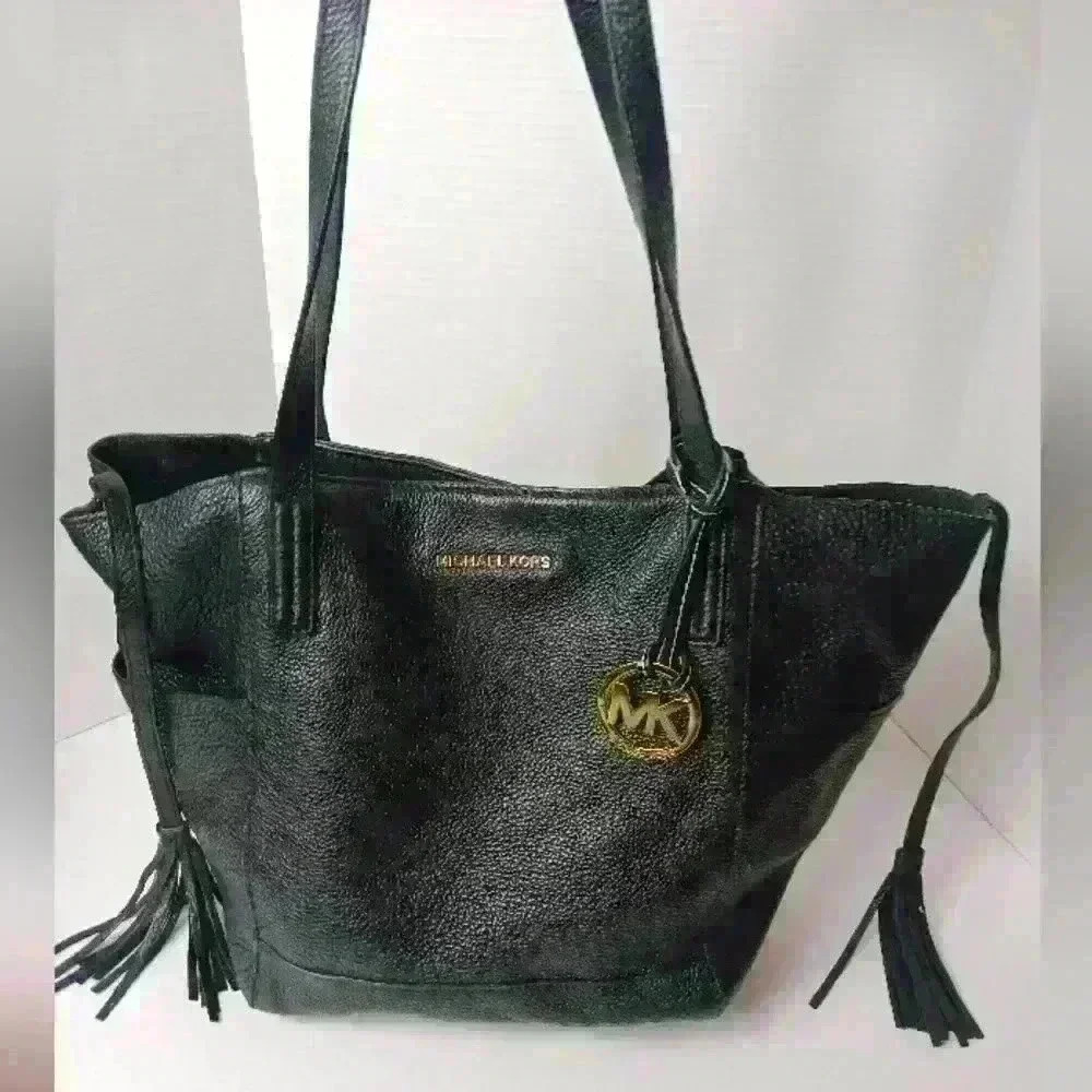 Michael Kors Ashbury Purse Black Pebble Leather Tote Shoulder Handbag Tassels